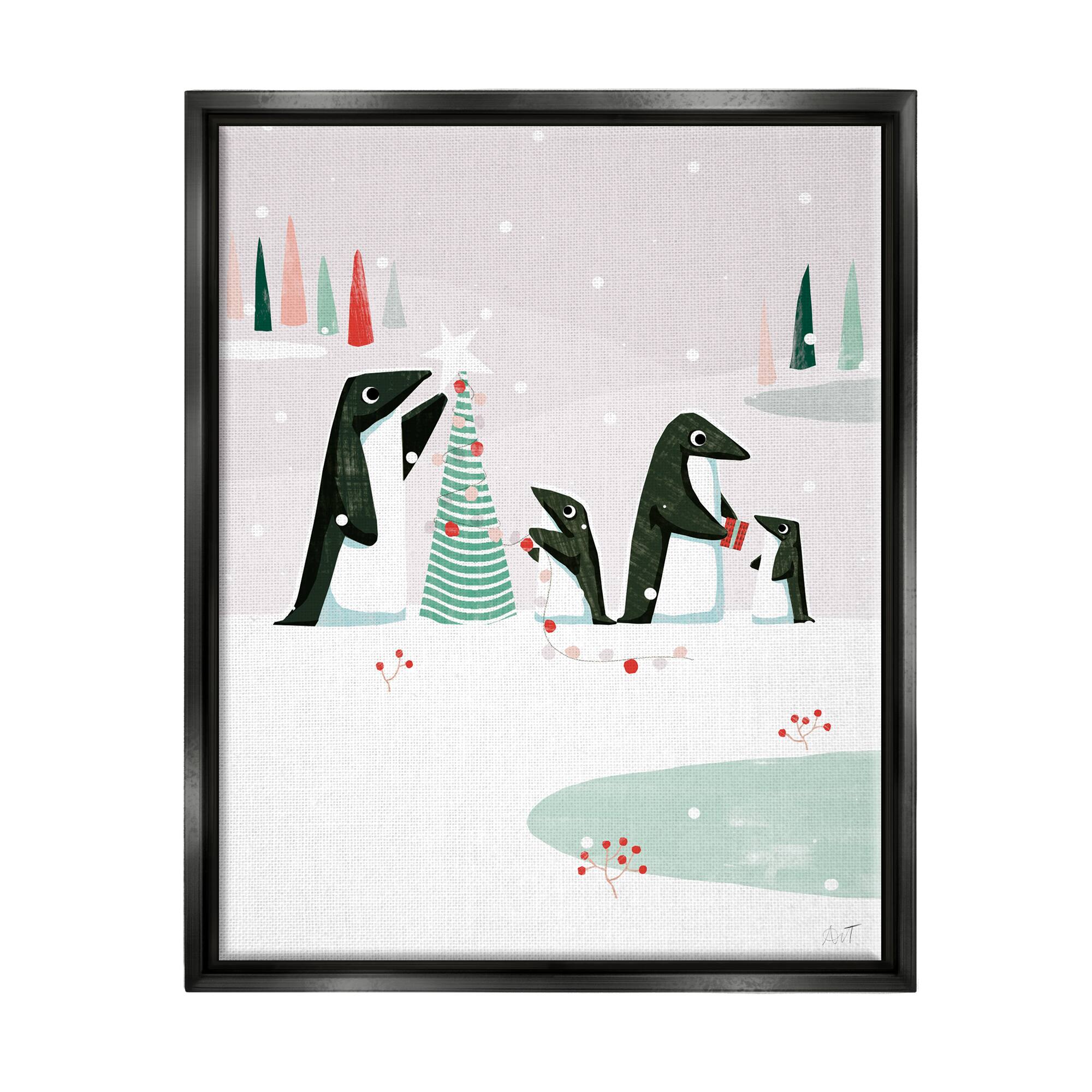 Stupell Industries Penguins Decorating Christmas Tree Framed Floater Canvas Wall Art